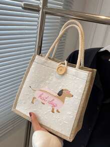 腊肠犬印花手提包，大容量手提包，时尚单肩包可重复使用印花女士手提包，双手柄购物书包，休闲手提包，适合女士休闲手提包购物，完美的礼物创意女士亚麻大容量手提包 - 彩色 - 查看 4