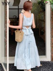 [Y6Y] Women's Elegant Backless Tie Strap Dress | Pair With Cardigan For Autumn, Waist-Cinching Soft Flowing Dress