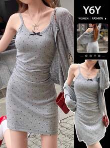 1pc Women's Mini Summer Fashionable Polka Dot Sleeveless Camisole Short Dress, Sexy Figure Hugging Sheath Dress