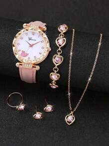 6Pcs Kids Pink PU Alloy Number Whale Design Quartz Watch With Hollow Pendant Necklace Bracelet Ring Earring Jewelry Set - Birthday Gift For Children - Pink - View 3
