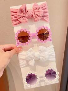 2/4pcs/Set New Girls Cute Solid Colors Bowknot Hairband Flower Frame Fashion Glasses Kids Hair Accessories Set,Card Only Show,Don't Shipping - Sunglasses+Headband - View 4