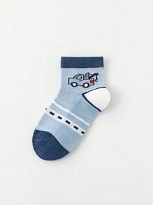 5 双卡通汽车图案儿童袜子，男童和女童网眼中筒袜，春夏