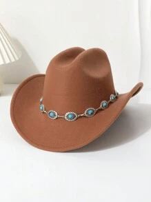 1pc Women's Woolen Felt Hat With Rhinestone Chain Decoration, Unisex Western Cowboy Hat For Autumn/Spring, Fashion & Versatile For Everyday Wear, Traveling