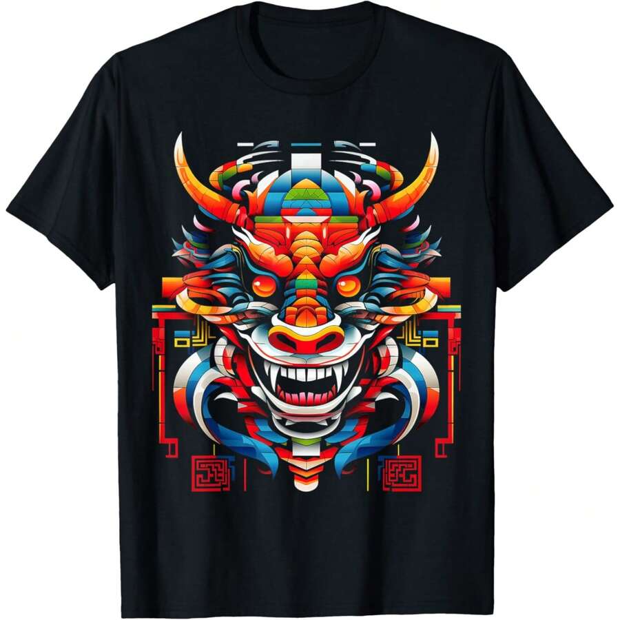 Dragon Colorful Geometric Animal Polygon Art Dragon T-Shirt - Black - View 1