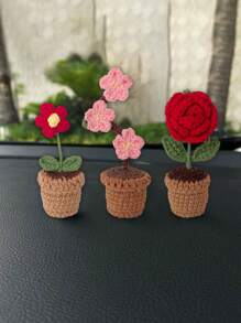 1 件手工编织汽车花盆带人造花装饰，创意礼品饰品，可爱汽车配件 - 彩色 - 查看 3