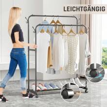 OYAJIA Clothes Rail,Double Rods Garment Rack, Clothing Rack For Hanging Clothes,4 Hooks, Multi-Functional Bedroom Clothes Rack, Wheels Optional,Black - Black - View 10