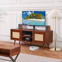 SKYSHALO Rattan TV Stand, Boho TV Cabinet For 55 Inch TV, Mid Century Modern TV Stand, Rattan TV Console With Adjustable Shelfs For  Living Room, Media Room, Walnut/White/Black/Oak