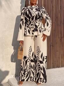 BIUBIU Women's Plus Size Floral Print Waist Cinched Shirt & Wide-Leg Pants Suit Two Pieces (Positioning Printing)