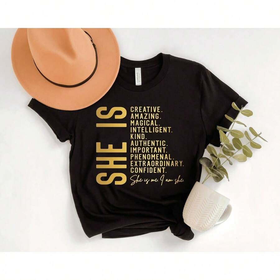 She Is Creative Amazing Magical Intelligent Kind Shirt, Woman Affirmation Shirt, Woman Day Shirt, Inspiring Woman Shirt, Strong Woman Shirt, Comfort Fit Short Sleeve Classic Heavy Cotton T Shirt Printed Graphic Tee Women's Casual Short-Sleeved Top