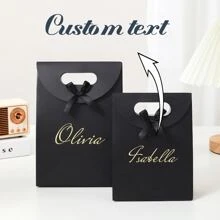 1pc Customized Gift Bag With Name, Valentines Gift Bag Flap Bow Handled Paper Bag Gold Font Gift Bag Souvenir Kraft Paper Bag, Customized Gift Bag,SummerHoliday - Black - View 1