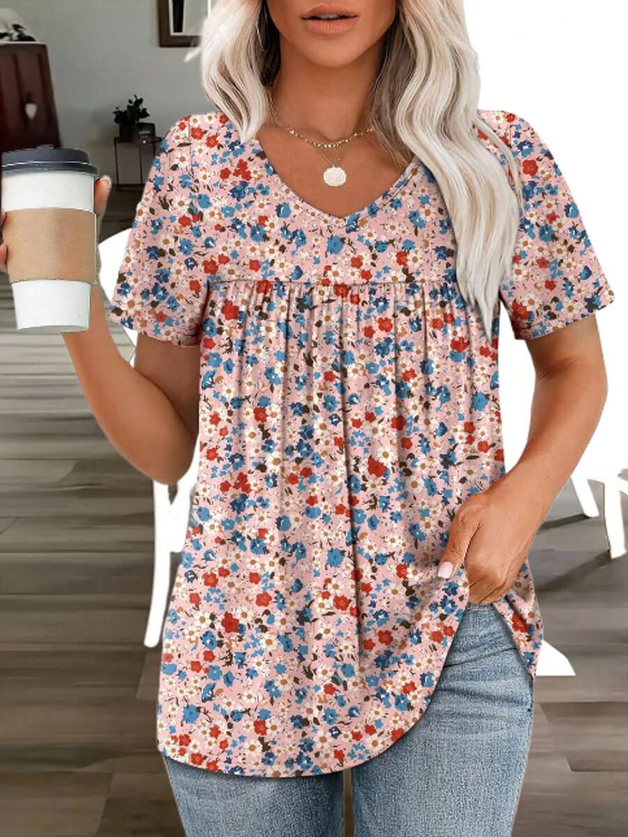 Plus Size Casual Floral Print T-Shirt, Vacation Style - Multicolor - View 1