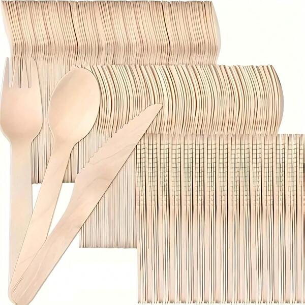 300/200/100/50/10 pièces Set de couverts jetables en bois, Cuillère en bois, Fourchette en bois, Couteau en bois, Convient pour les anniversaires, les fêtes, l'extérieur, les ustensiles de cuisine