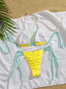 PEPPERMOLLY Contrast Binding Adjustable Strap Bikini Set, Ladies Fashion Swimwear For Beach, Yellow, For Summer Vacation - Yellow - View 2