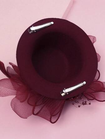 1pc Girls' Red Floral Mesh Party Hat Hair Clip, Wine Red Hair Accessory Suitable For New Year, Christmas Or Ramadan Holiday Party