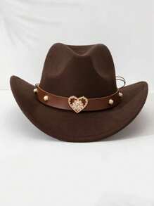 1 件男女通用西部牛仔帽 1，可拆卸心形饰边，涤纶，无弹力，编织工艺，防晒主题帽，无羽毛，可手洗 - 理想的礼物选择 - 愛心裝飾禮帽 - 查看 2