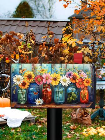 1pc Farm Fresh Colorful Flowers Spring Mailbox Covers, Standard Size 18" X 21",Blue Rustic Mailbox Wraps Post Letter Box Cover For Holiday Garden Yard Decor