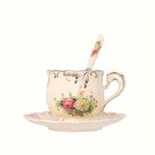 2set/6set Tea Cup And Saucer Set, 8 Oz Tea Cup Set, Teacup, Ceramic Tea Cup With Suacer Spoon, Ivory Vintage Rose Floral With Gold Leaves Trim, Gifts For Women Back To School