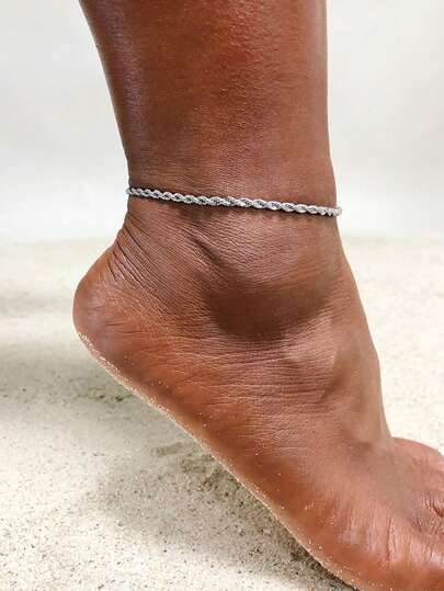 1pc Stainless Steel Silver Twisted Chain Anklet Bracelet, Length 21.5-26.5cm, Women's Foot Jewelry