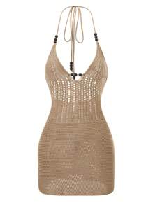 Women Y2k Halter Mini Dress Knit Crochet Hollow Out Sexy Sleeveless Backless Bodycon Dress Casual Summer Beach Vacation Cut Out Coverups Club Streetwear Beach Cover Up Dress - 卡其色 - 查看 4