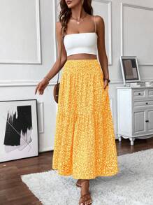 Damen Maxi Rock mit kleinem Blumenmuster, Lässig Elastikbund mit Taschen, gerüschter Saum, Damen Sommer A-Linien Langrock