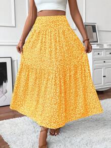 Damen Maxi Rock mit kleinem Blumenmuster, Lässig Elastikbund mit Taschen, gerüschter Saum, Damen Sommer A-Linien Langrock