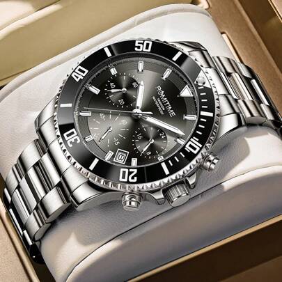 GUANQIN 1 Stück wasserdichte leuchtende Uhr mit Chronographen-Kalenderzifferblatt, abriebfestem Edelstahlarmband, hochwertiger, sportlicher, klassischer, simpler und legerer mechanischer Automatik-Quarzuhr, geeignet für Valentinstag, Feste, Dates, GeschäftsDating, Geschenke