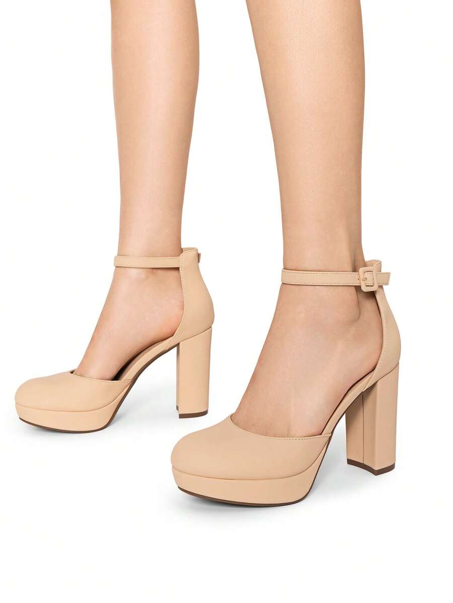 Women's Platform High Chunky Heels Pumps Closed Toe Block Ankle Strap Solid Color Comfortable Fashionable Bridal Party Wedding Dress Shoes - 杏色 - 查看 1
