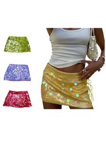 Women's Summer Mini Sequins Skirts Side Split Tie Up Skirt For Daily, Travel, Parties - Màu tím hoa cà - Xem 2