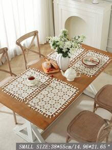 100% Pplyester Natural Cream Crochet Hollow Round Pattern Rectangle Table Runner With All-Around Tassel Fringe, Breathable Hand Knit Table Mat, Boho Farmhouse Decor Doily For Dining Table Breakfast Table Coffee Side Table Kitchen Home Decor - Beige - View 10