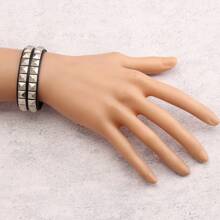 1 Set Of 2pcs: Square Spike Stud Metal Punk Choker Necklace & Dual Row Studded Leather Bracelet, Gothic Rock Style Unisex Jewelry Set - Set - View 3