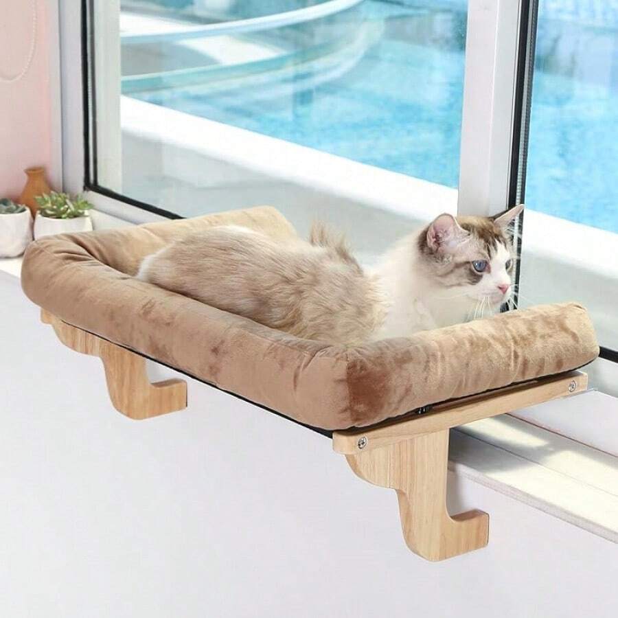 Cat Perch For Window Sill With Bolster - Orthopedic Hammock Design With Premium Hardwood & Robust Metal Frame - Cat Window Seat For Large Cats And Kittens - Dark Stained Wood With Brown Bed - Natural Color Wood W/ Brown Bed - View 1