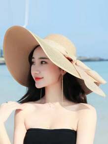 Women's Summer Sunscreen Hat, Beach Straw Hat, Korean Style Student Versatile Summer Ladies Fashionable Large Brim Sun Hat, Stylish Personalized Casual Bohemian Retro Street Elegant Polyester Bowknot Windproof UV Protection Cap, Spring/Summer - Hat - View 7