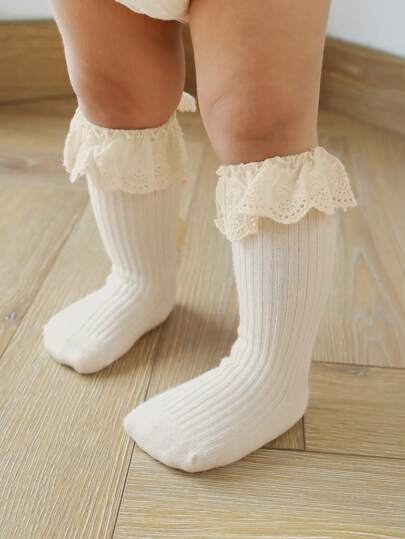 1双米色/3双随机颜色 甜美蕾丝女童袜、公主袜、小腿袜、过膝袜（无跟）。舒适柔软透气，适合家居服、派对、春秋冬