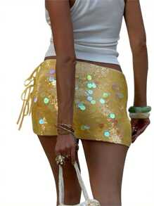 Women's Summer Mini Sequins Skirts Side Split Tie Up Skirt For Daily, Travel, Parties - 黃色 - 查看 2