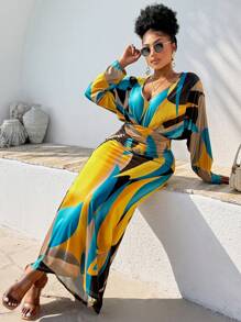 BIUBIU Vestido de manga de murciélago plisado con cintura de unicolor para mujer de talla grande, ropa para exteriores con estampado geométrico