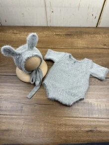 2pcs/Set Newborn Baby Photography Outfit, Soft Mink Velvet Bunny Ear Hat And Romper Set, Infant Growth Photography Props, Gift For Baby Boys & Girls