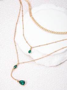 imoli 1 套时尚简约 3 层绿水晶几何水滴项链和鱼骨链项链，女士派对礼物 - 綠色 - 查看 4