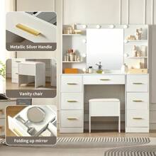 Large Makeup Vanity Desk With Folding Up Mirror With Mirror And Lights Dressing Table,Chair, 3 Adjustable Modes Of Color Brightness, For Bedroom(White)