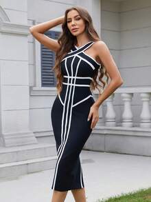 Women's New Arrival Spaghetti Strap Slit Bandage Cocktail Dress, Black Elegant Striped Party Gown