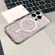 A Phone Case Suitable For IPhone 16 15 14 13 12 11 Pro Max Featuring A Pink Bow Design And Supporting Wireless Charging It Is Made Of Acrylic Material