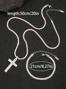 2 件套不锈钢复古男女款十字链吊坠项链和手链套装 - 銀色 - 查看 6