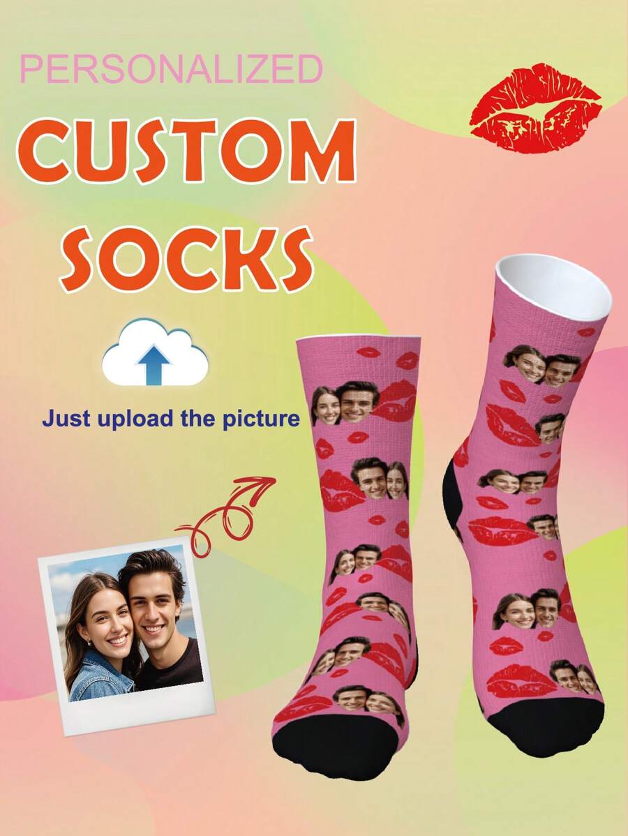 1 Pair Of Customized Crew Socks,Custom Face Socks, Custom Photo Sock, Custom Printed Socks, Personalized Funny Face Socks, Custom Picture Socks, Put Any Face On The Socks, Anniversary Gift, Valentine Gift, Birthday Gift, Wedding Gift, Mother's Day Gift, Father's Day Gift - Multicolor - View 1