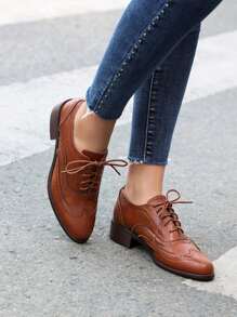 Women's Pointed Toe Lace-Up Brogue Pumps Fashion Mixed Colors Patchwork Block Chunky Heel British Style Flat Oxford Shoes - màu nâu - Xem 5