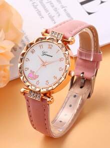 6Pcs Kids Pink PU Alloy Number Whale Design Quartz Watch With Hollow Pendant Necklace Bracelet Ring Earring Jewelry Set - Birthday Gift For Children - Pink - View 6