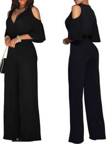 Mono casual de mujer de pierna ancha en color sólido, con cinturón, versátil a la moda - Negro - Ver 3