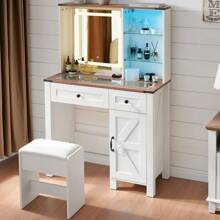 Vanity Desk With Mirror And Lights, Makeup Vanity Desk With Charging Station, Farmhouse Makeup Desk With 3 Adjustable Lighting Modes, Bedroom Vanity For Girls, Women - 彩色 - 查看 5