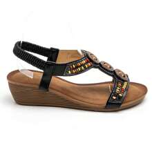 Sandalias de cuña con decoración de cuentas y hebilla decorativa - Negro - Ver 3