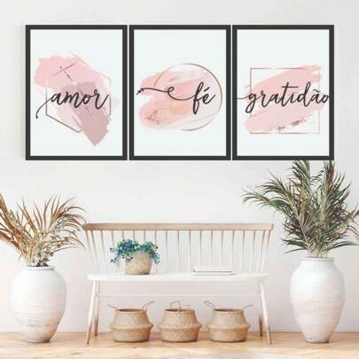 Kit Quadros Decorativos 3 Partes Frases Sala Quarto Fé Amor Gratidão Envio Imediato
