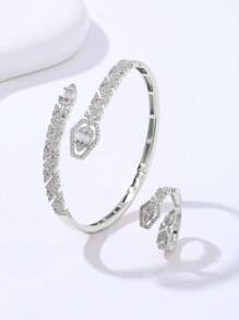 1 套时尚奢华微镶锆石蛇形手镯和戒指套装女士 - 銀色 - 查看 6