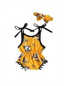 0-12M 2Pcs Breathable Baby Girls Outfit, Toddlers Summer Creative Fruit/Floral Printing Plush Ball Suspender Romper + Bow Headwear